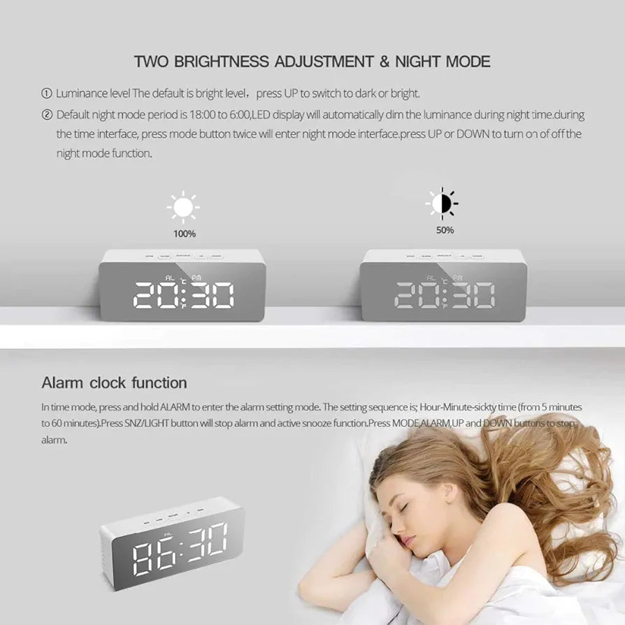 ChaiMoksha Digital LED Mirror Alarm Clock — Date, Temperature & Night Display