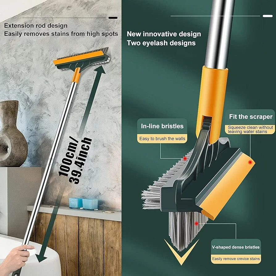 ChaiMoksha 3-in-1 Bathroom Brush — 180° Rotating Scrubber, Wiper & Long Handle