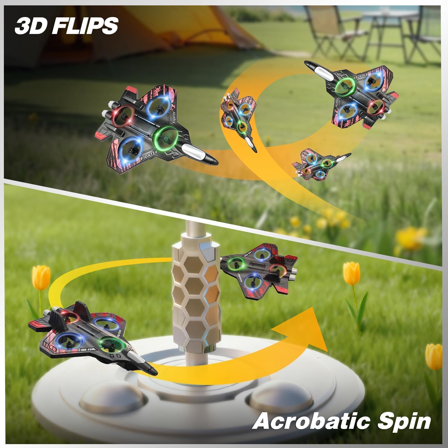 ChaiMoksha RC Fighter Drone — 360° Flips, LED Lights & One-Key Takeoff for Kids & Adults