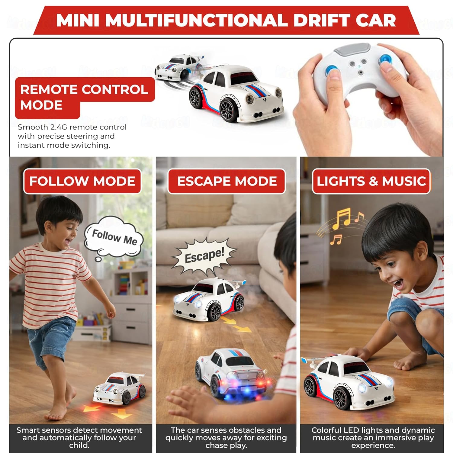 ChaiMoksha RC Racing Car — LED Lights, 360° Stunts & Smart Sensor Control for Kids