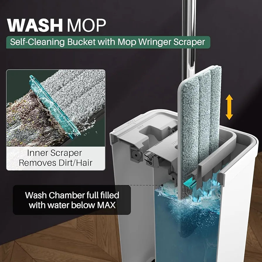ChaiMoksha Self-Cleaning Mop & Bucket Set — 360° Rotating Flat Mop with Dual Chamber & Microfiber Pads