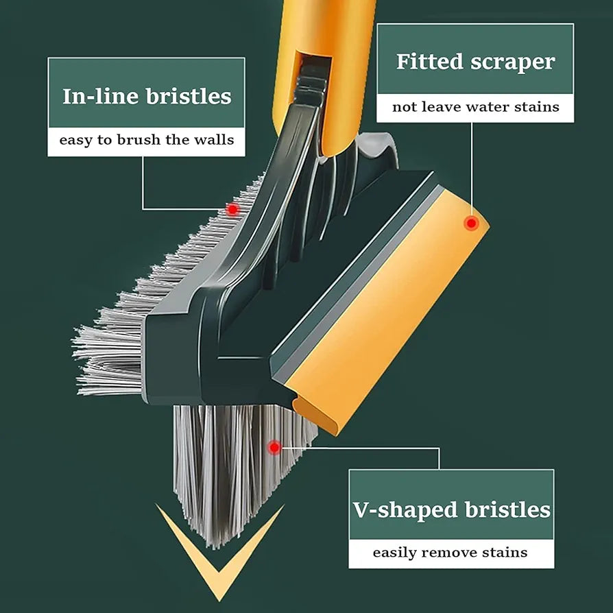 ChaiMoksha 3-in-1 Bathroom Brush — 180° Rotating Scrubber, Wiper & Long Handle