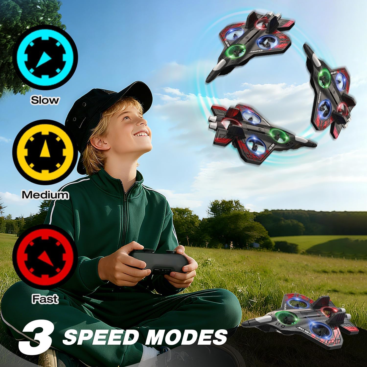 ChaiMoksha RC Fighter Drone — 360° Flips, LED Lights & One-Key Takeoff for Kids & Adults